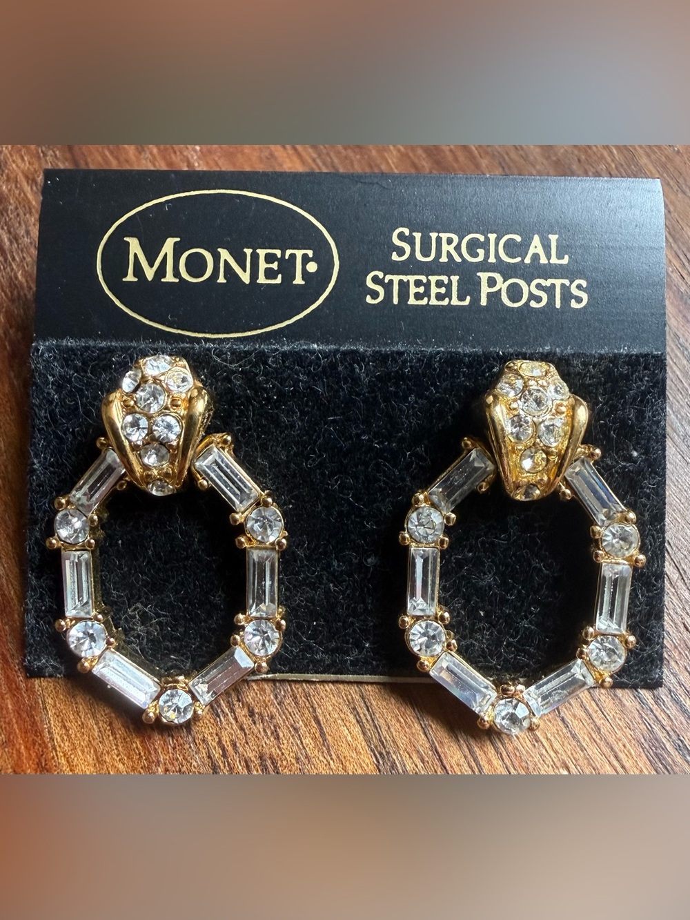 VTG Monet Gold Tone and Clear Clear Rhinestone Door Knockers Pierced Earrings